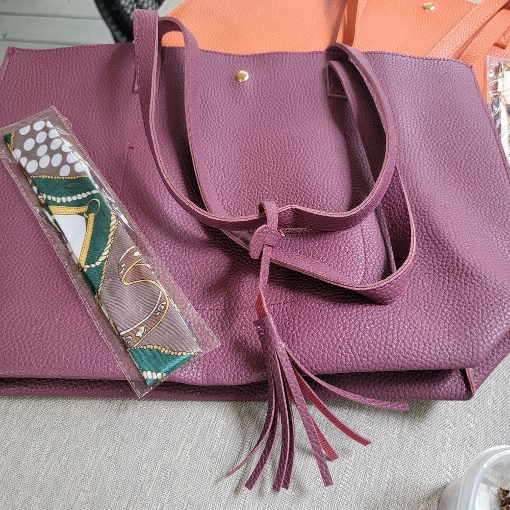1 Orange and 1 purple Leather purse with scarf